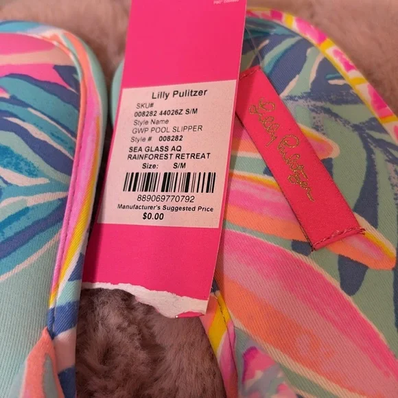 Lilly Pulitzer Pink and Green Pool Slippers Vibrant Tropical Design Size. S/M - Picture 2 of 3